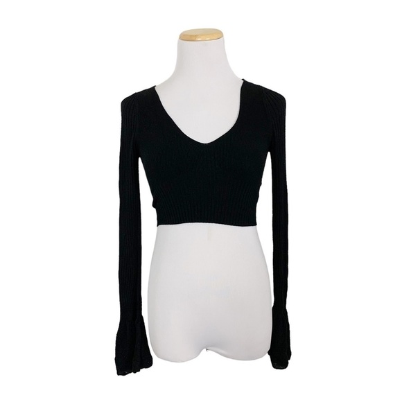 Urban Outfitters Long Bell Sleeve Ribbed Knit V Neck Crop Top - Picture 1 of 16